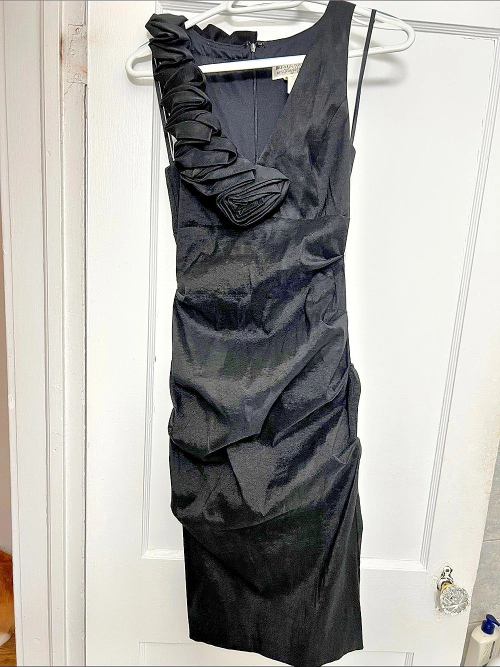 Betsy & Adam One-Shoulder Ruffle Ruched Cocktail Dress Black Midi Dress Size 4